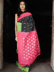 Black Pink Green Grey Double Ikat Handwoven Cotton Saree With Ganga Jamuna Border - S031703644