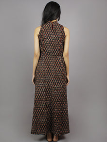 Black Maroon Ivory Hand Block Printed Princess Line Stand Collar Dress - D40F893