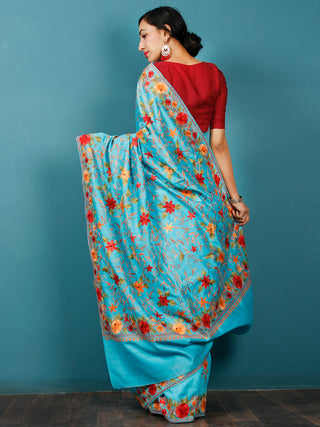 Aqua Blue Maroon Orange Aari Embroidered Bhagalpuri Silk Saree From Kashmir  - S031703057