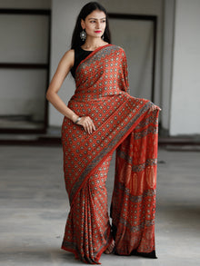 Red Beige Indigo Black Ajrakh Hand Block Printed Modal Silk Saree in Natural Colors - S031703733