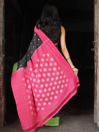 Black Pink Green Grey Double Ikat Handwoven Cotton Saree With Ganga Jamuna Border - S031703644
