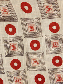Beige Red Black Hand Block Printed Handwoven Linen Saree With Zari Border - S031703587