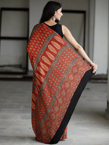 Red Beige Indigo Black Ajrakh Hand Block Printed Modal Silk Saree in Natural Colors - S031703733