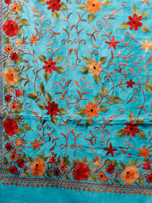 Aqua Blue Maroon Orange Aari Embroidered Bhagalpuri Silk Saree From Kashmir  - S031703057