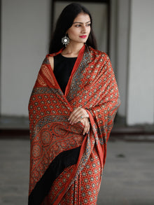Red Beige Indigo Black Ajrakh Hand Block Printed Modal Silk Saree in Natural Colors - S031703733