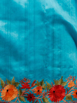 Aqua Blue Maroon Orange Aari Embroidered Bhagalpuri Silk Saree From Kashmir  - S031703057