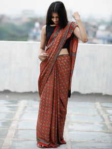 Red Beige Indigo Black Ajrakh Hand Block Printed Modal Silk Saree in Natural Colors - S031703733