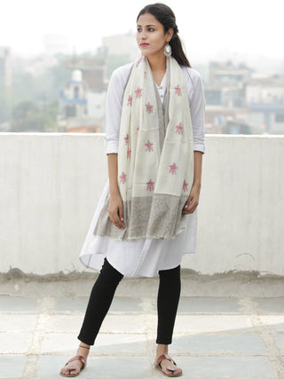 Ivory Pink Beige Needle Embroidered Cashmere Fine Wool Kashmiri Stole - S200602