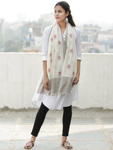 Ivory Pink Beige Needle Embroidered Cashmere Fine Wool Kashmiri Stole - S200602