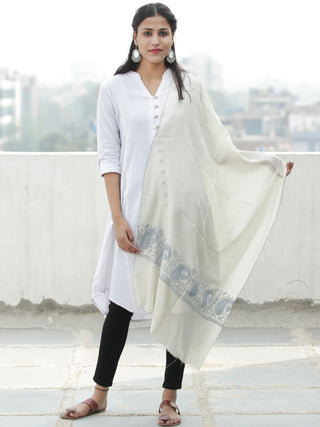 Ivory Blue Needle Embroidered Cashmere Fine Wool Kashmiri Stole - S200601