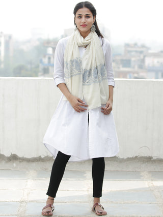 Ivory Blue Needle Embroidered Cashmere Fine Wool Kashmiri Stole - S200601