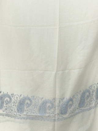 Ivory Blue Needle Embroidered Cashmere Fine Wool Kashmiri Stole - S200601