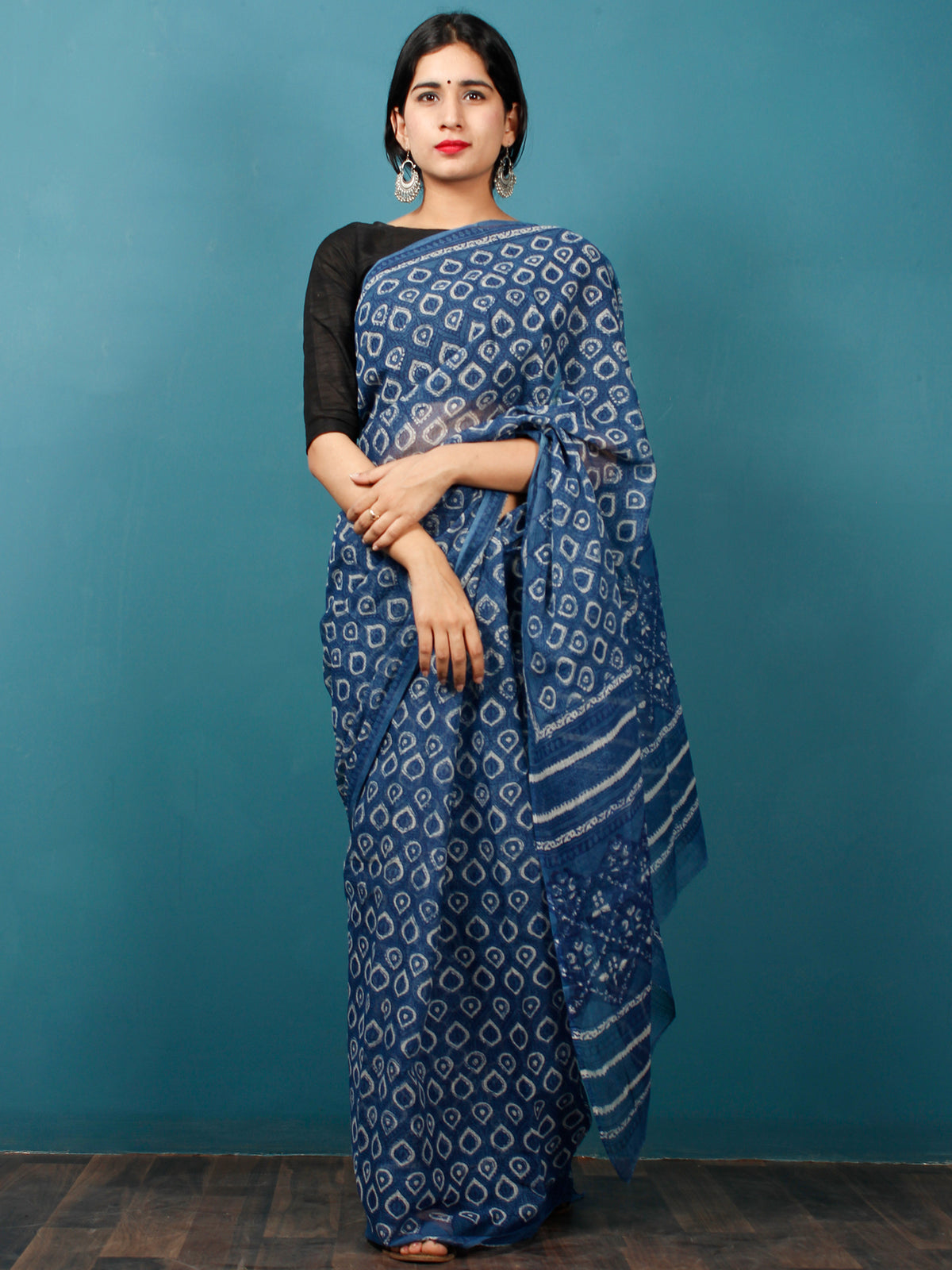 Indigo White Hand Block Printed Kota Doria Saree in Natural Colors - S031702839