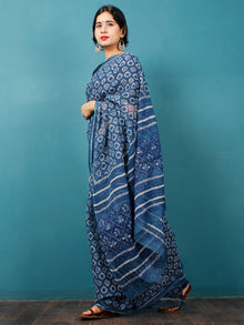 Indigo White Hand Block Printed Kota Doria Saree in Natural Colors - S031702839