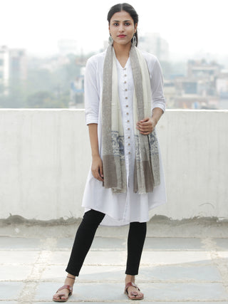 Ivory Blue Grey Needle Embroidered Cashmere Fine Wool Kashmiri Stole - S200604