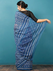 Indigo White Hand Block Printed Kota Doria Saree in Natural Colors - S031702839