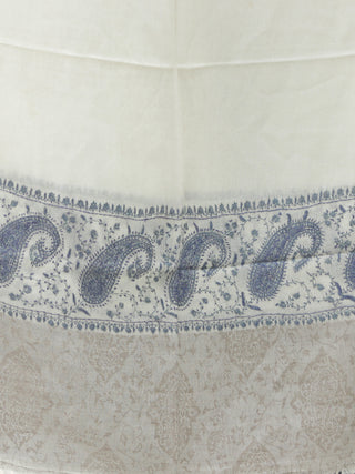 Ivory Blue Grey Needle Embroidered Cashmere Fine Wool Kashmiri Stole - S200604