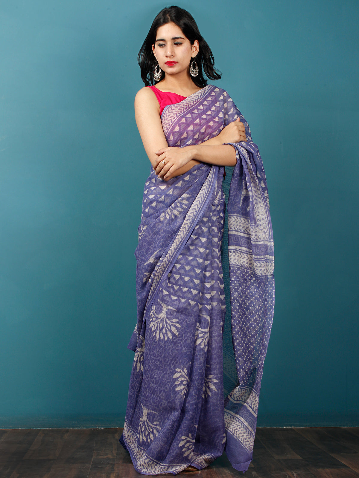 Purple Ivory Hand Block Printed Kota Doria Saree in Natural Colors - S031702845
