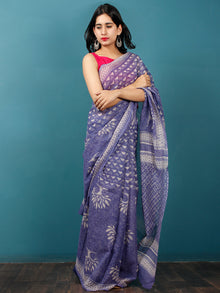 Purple Ivory Hand Block Printed Kota Doria Saree in Natural Colors - S031702845