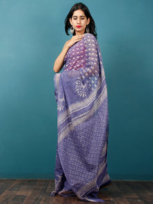 Purple Ivory Hand Block Printed Kota Doria Saree in Natural Colors - S031702845