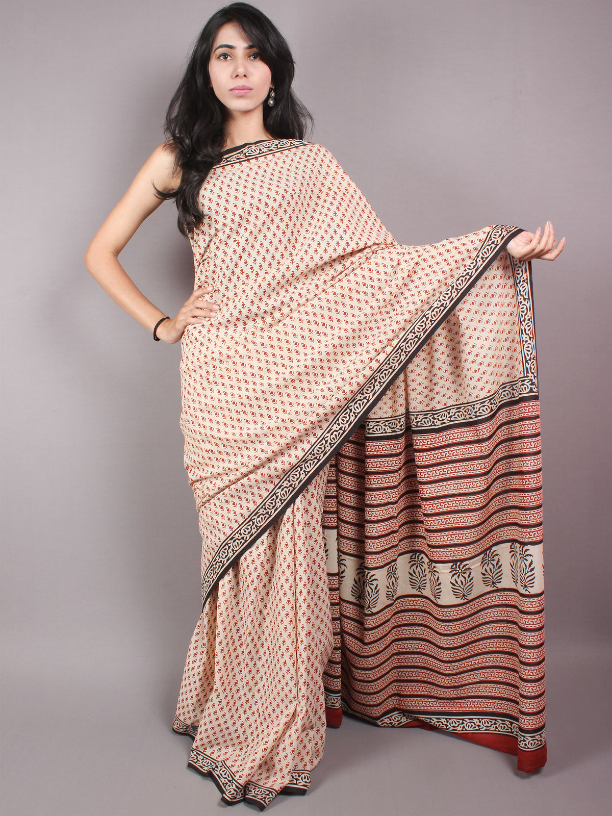 Beige Red Black Hand Block Bagru Printed Saree - S03170354
