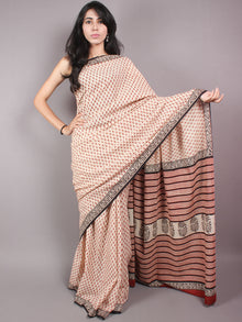 Beige Red Black Hand Block Bagru Printed Saree - S03170354