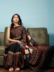 Black Maroon Indigo Beige Ajrakh Hand Block Printed Modal Silk Saree in Natural Colors - S031703344