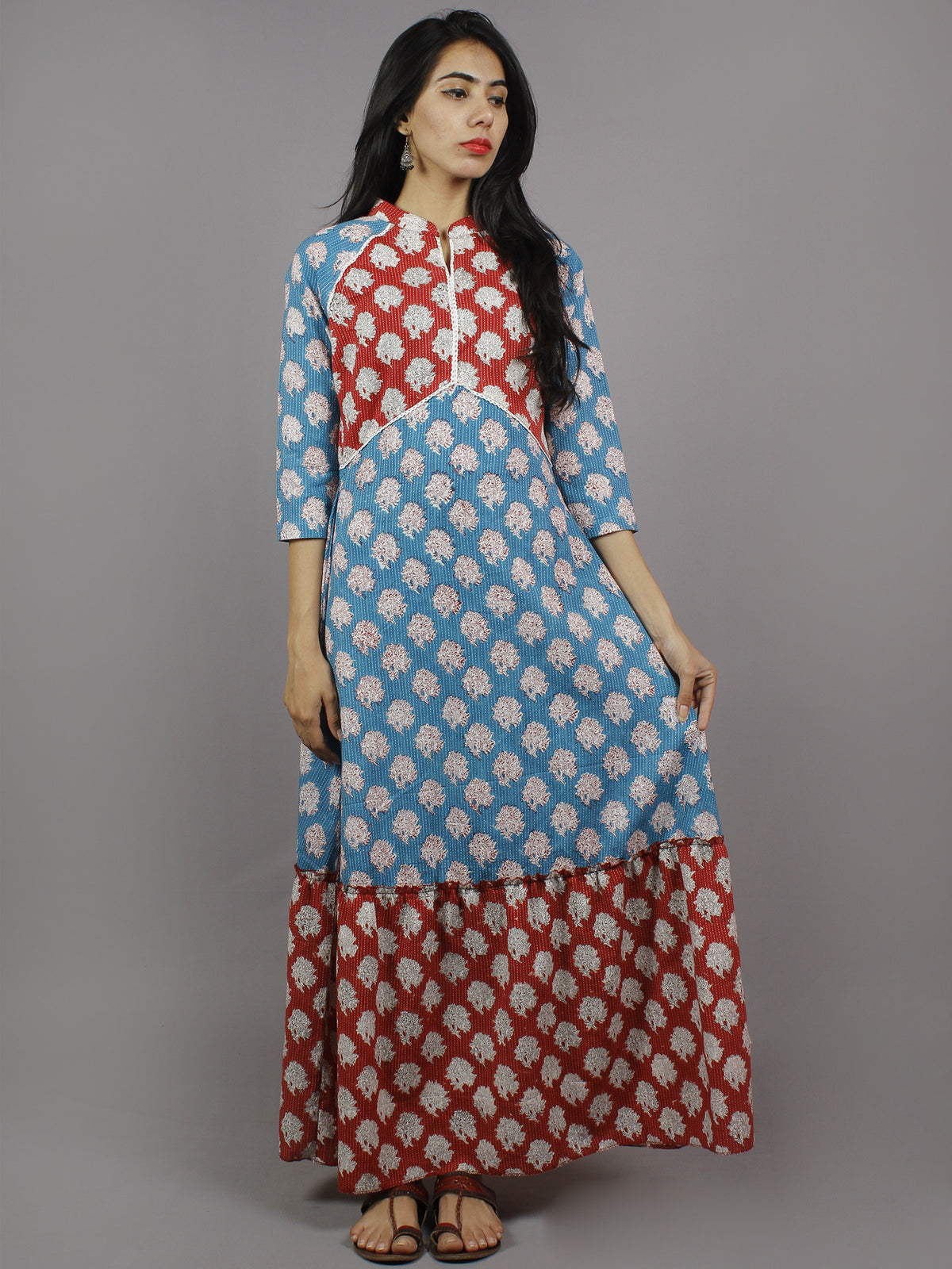 Crimson Red Cerulean Blue White Hand Block Printed Long Cotton Dress With Mandarin Collar - D4256001