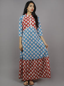 Crimson Red Cerulean Blue White Hand Block Printed Long Cotton Dress With Mandarin Collar - D4256001