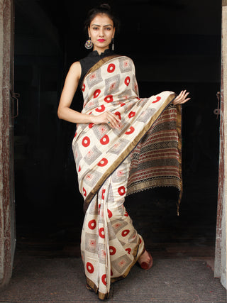Beige Red Black Hand Block Printed Handwoven Linen Saree With Zari Border - S031703588
