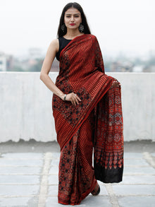 Red Black Beige Indigo Ajrakh Hand Block Printed Modal Silk Saree in Natural Colors - S031703734