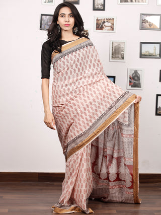 Beige Black Maroon Bagh Printed Maheshwari Cotton Saree - S031703303