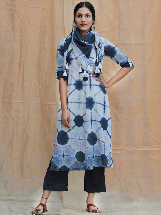 Kowaisah - Hand Shibori Dyed Kurta Palazzo Set With Stole - SS01F1WWW