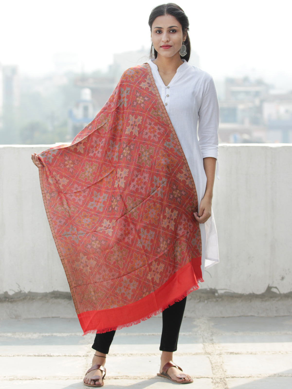 Red Multi Color Jamavar weaved Modal Silk Wool Kashmiri Stole - S200550