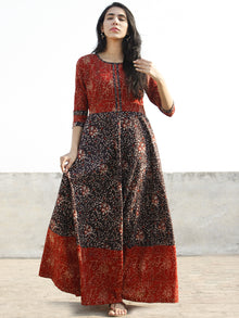 Deep Red Black Maroon Beige Hand Block Printed Long Cotton Dress - D150F1150