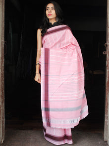 Baby Pink White Maroon Ikat Handwoven Cotton Saree With Ganga Jamuna Border - S031703645