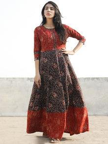 Deep Red Black Maroon Beige Hand Block Printed Long Cotton Dress - D150F1150