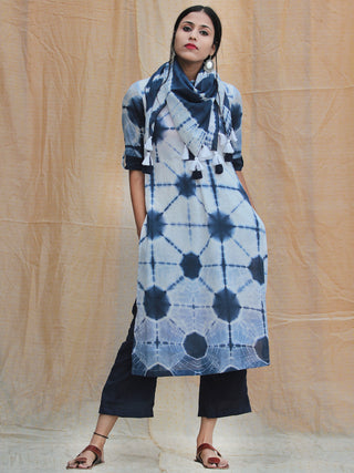 Kowaisah - Hand Shibori Dyed Kurta Palazzo Set With Stole - SS01F1WWW
