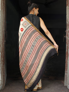 Beige Red Black Hand Block Printed Handwoven Linen Saree With Zari Border - S031703588