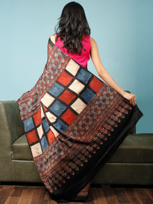 Black Maroon Indigo Beige Ajrakh Hand Block Printed Modal Silk Saree in Natural Colors - S031703344