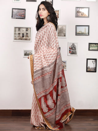 Beige Black Maroon Bagh Printed Maheshwari Cotton Saree - S031703303