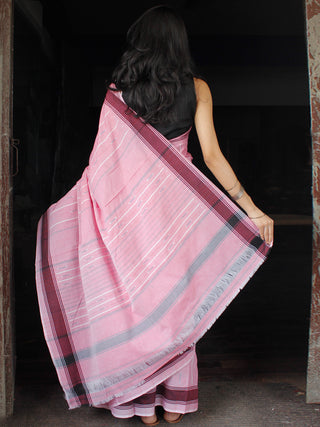 Baby Pink White Maroon Ikat Handwoven Cotton Saree With Ganga Jamuna Border - S031703645