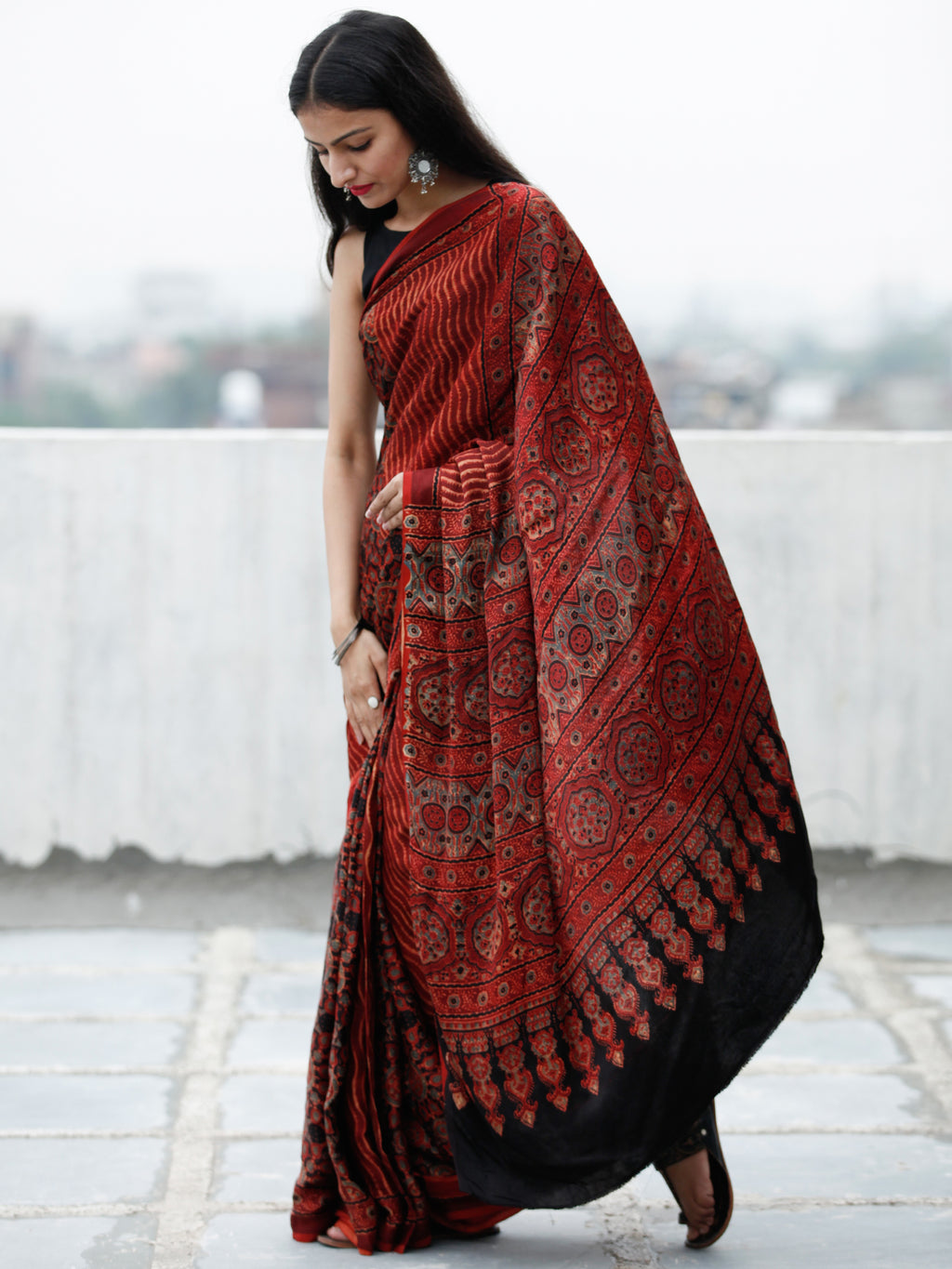 Red base Ajrakh Printed Modal Silk Saree with Blue & Brown Floral Print -  Byhand Kochi