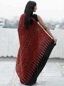 Red Black Beige Indigo Ajrakh Hand Block Printed Modal Silk Saree in Natural Colors - S031703734