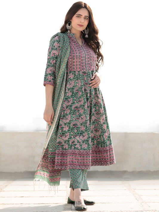 Zohra Saania Set of Anarkali Kurta Pants & Kota Dupatta