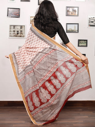 Beige Black Maroon Bagh Printed Maheshwari Cotton Saree - S031703303