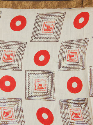Beige Red Black Hand Block Printed Handwoven Linen Saree With Zari Border - S031703588