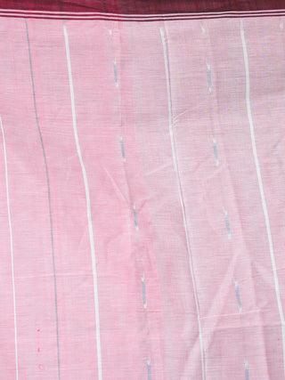 Baby Pink White Maroon Ikat Handwoven Cotton Saree With Ganga Jamuna Border - S031703645
