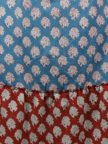 Crimson Red Cerulean Blue White Hand Block Printed Long Cotton Dress With Mandarin Collar - D4256001