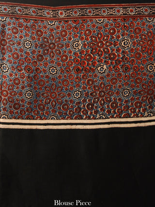 Black Maroon Indigo Beige Ajrakh Hand Block Printed Modal Silk Saree in Natural Colors - S031703344